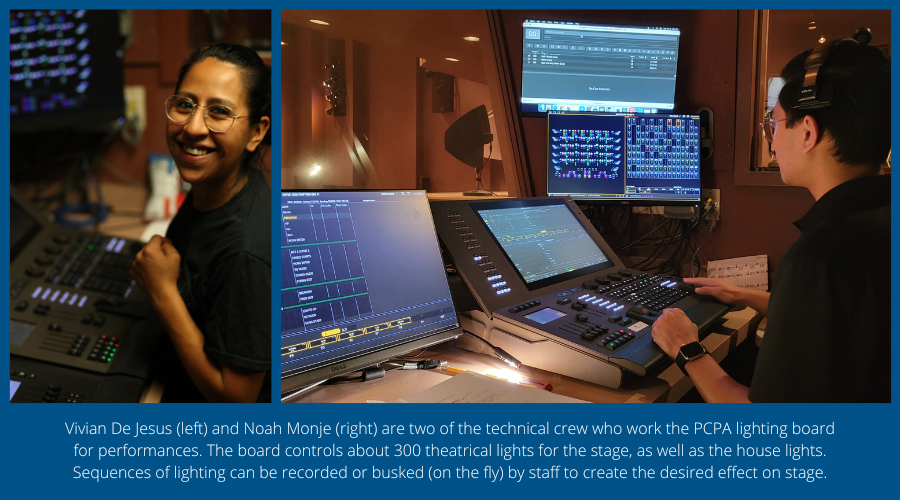 The lighting board controls about 300 theatrical lights for the stage, as well as the house lights